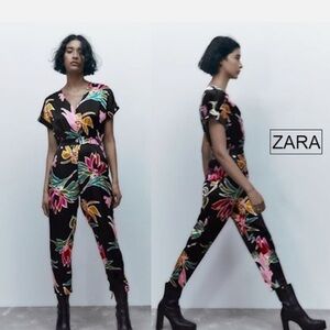 Zara Black and Pink Floral Jumpsuit with Tapered Legs NWOT